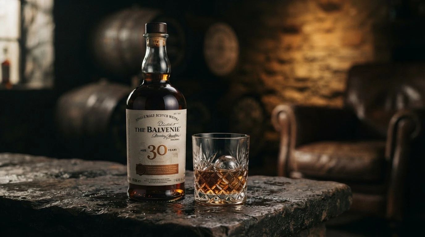 Bottle of The Balvenie 30 Year single malt Scotch whisky beside a crystal glass on a stone bar